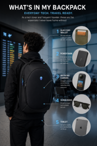 A modern airport-themed infographic showing a tech traveler wearing a sleek black backpack while standing in front of a departure board. Around the backpack are highlighted travel essentials including a slim card wallet, power bank, Insta360 camera, sunglasses, and tablet, connected with clean infographic lines and labels. The design has a futuristic, minimalist aesthetic focused on travel tech and everyday carry gear.