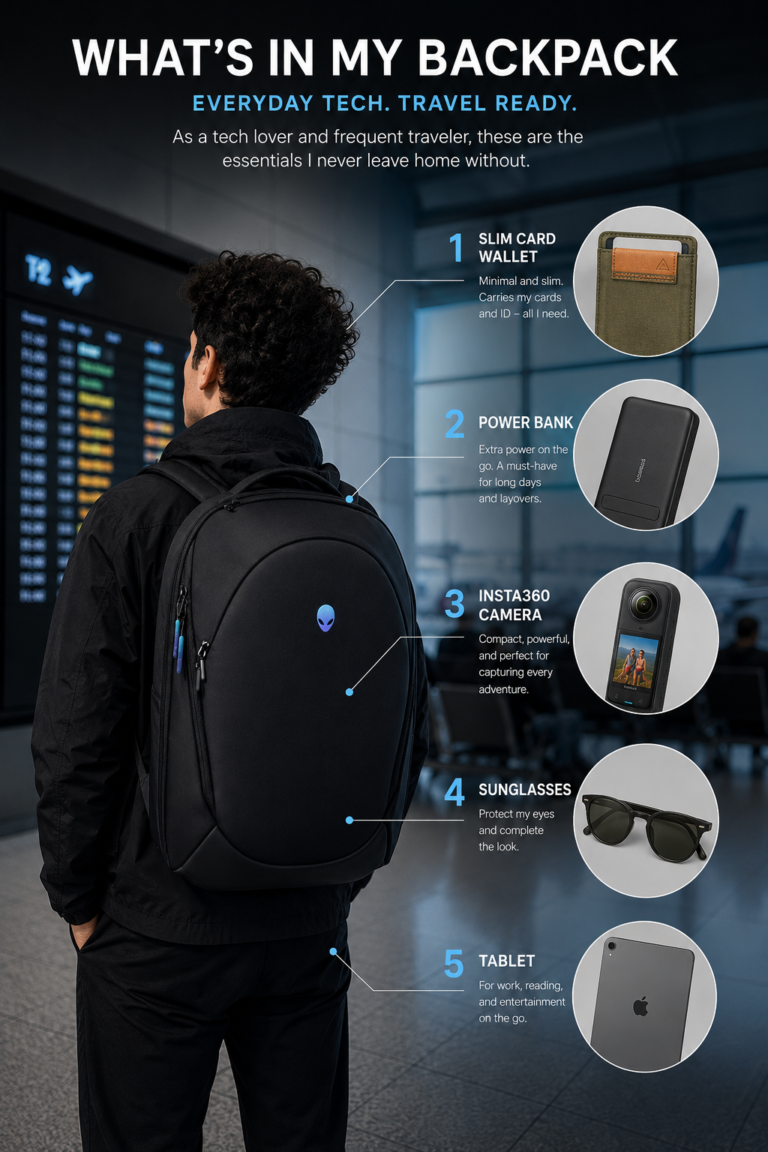 A modern airport-themed infographic showing a tech traveler wearing a sleek black backpack while standing in front of a departure board. Around the backpack are highlighted travel essentials including a slim card wallet, power bank, Insta360 camera, sunglasses, and tablet, connected with clean infographic lines and labels. The design has a futuristic, minimalist aesthetic focused on travel tech and everyday carry gear.