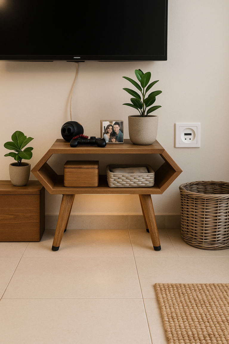 Rustic Wooden Side Table with Hexagonal Shelf and Decorative Items